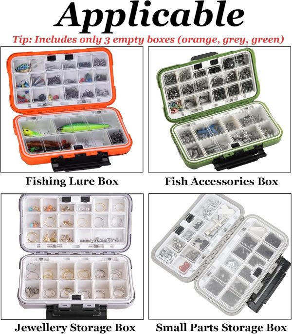 3 Packs Fishing Lure Box with Adjustable Dividers Storage,Double-Sided Fishing Tackle Box,Waterproof Bait Storage Case, Thicker Plastic Small Tackle Box Accessories Containers(Orange, Green, Grey) - Image 5