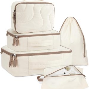 BAGSMART Puffy Packing Cubes for Travel, Ultra-Light 5 Set Travel Bags Organizer for Women, Quilted Wave Pattern Luggage Organizers for Suitcases, White Opal