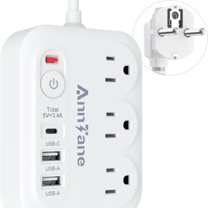 European Travel Plug Adapter, 5ft Detachable Extension Cord with Type C/G/E/F Plug Kit, 4 AC Outlets, 4 USB Ports (2 USB C), UK Germay France Greece Travel Plug Adapter