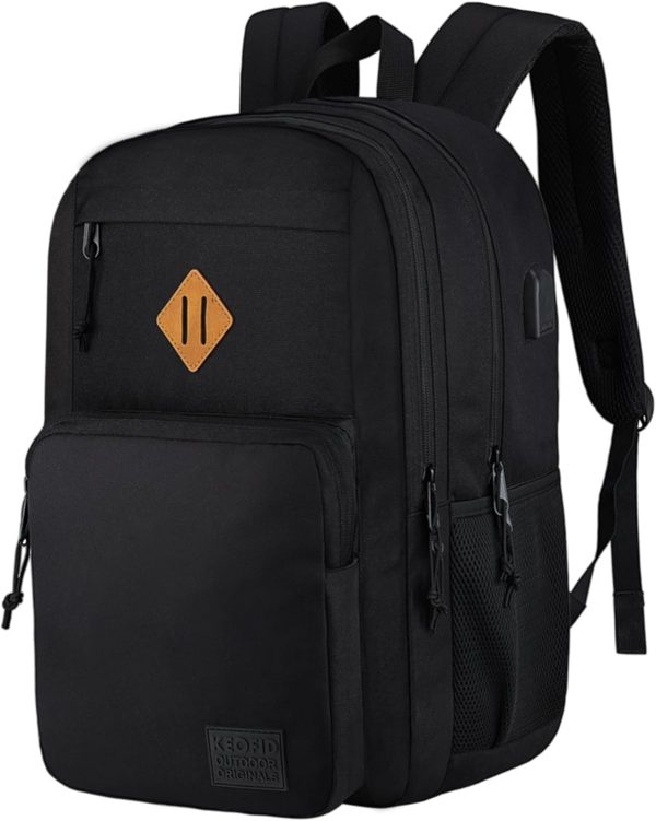 KEOFID classic carry-on travel backpack for men and women, Anti theft laptop backpack with USB charging port for work, large backpack for college, water resistent(BLACK)