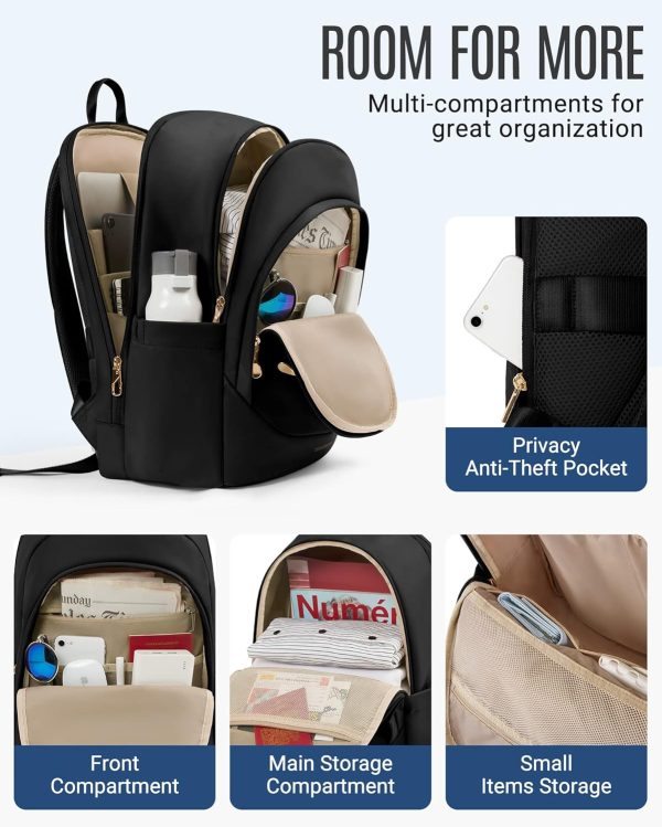 LIGHT FLIGHT Travel Backpack for Women, 15.6 Inch Anti Theft Laptop Backpack with USB Charging Hole, Water Resistant College Bookbag, Large Capacity Black Computer Backpacks for Work, Black - Image 4