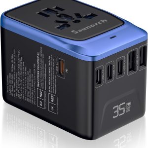 Universal Travel Adapter, PD 35W 7 in 1 International Power Plug Adapter with 7.0A 4 USB-C and 2 USB-A Fast Wall Charger, Worldwide AC Outlet for US Europe UK AUS (Black+Blue)