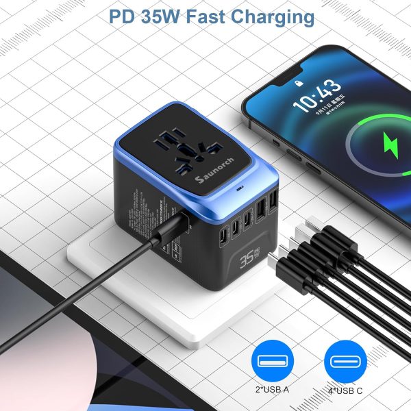 Universal Travel Adapter, PD 35W 7 in 1 International Power Plug Adapter with 7.0A 4 USB-C and 2 USB-A Fast Wall Charger, Worldwide AC Outlet for US Europe UK AUS (Black+Blue) - Image 7